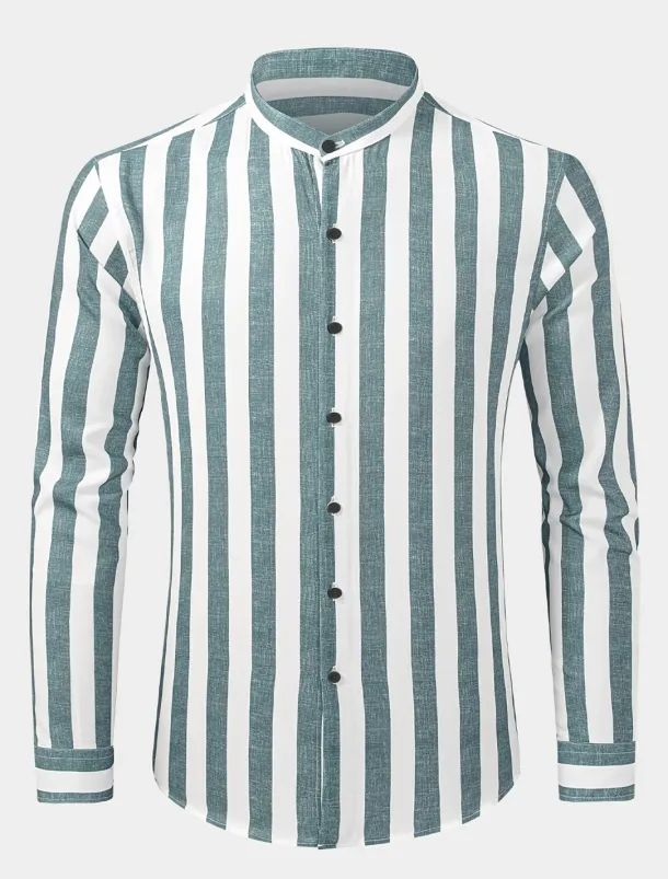 Men's Shirt Chinese Collar Shirt Mandarin Collar Shirt Summer Shirt Casual Shirt Button Up Shirt Blue Green Dark Blue Long Sleeve Stripes Grandad Collar Band Collar Vacation Daily Clothing Apparel
