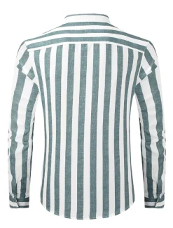 Men's Shirt Chinese Collar Shirt Mandarin Collar Shirt Summer Shirt Casual Shirt Button Up Shirt Blue Green Dark Blue Long Sleeve Stripes Grandad Collar Band Collar Vacation Daily Clothing Apparel