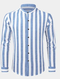 Men's Shirt Chinese Collar Shirt Mandarin Collar Shirt Summer Shirt Casual Shirt Button Up Shirt Blue Green Dark Blue Long Sleeve Stripes Grandad Collar Band Collar Vacation Daily Clothing Apparel
