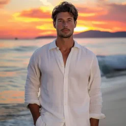 Men's Shirt Cotton Linen Shirt White Blue Long Sleeve Solid Color Turndown Summer Spring & Fall Sports & Outdoor Causal Clothing Apparel Button