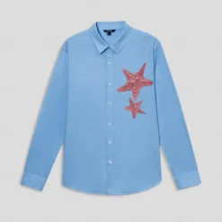 Men's Shirt Cotton Linen Shirt Starfish Outdoor Vacation White Sky Blue Long Sleeve Rolled collar Summer Spring Clothing Apparel Buttons