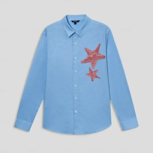 Men's Shirt Cotton Linen Shirt Starfish Outdoor Vacation White Sky Blue Long Sleeve Rolled collar Summer Spring Clothing Apparel Buttons