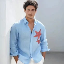 Men's Shirt Cotton Linen Shirt Starfish Outdoor Vacation White Sky Blue Long Sleeve Rolled collar Summer Spring Clothing Apparel Buttons