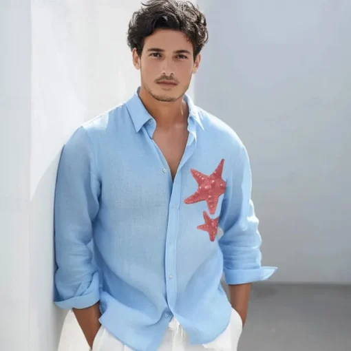 Men's Shirt Cotton Linen Shirt Starfish Outdoor Vacation White Sky Blue Long Sleeve Rolled collar Summer Spring Clothing Apparel Buttons