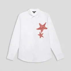 Men's Shirt Cotton Linen Shirt Starfish Outdoor Vacation White Sky Blue Long Sleeve Rolled collar Summer Spring Clothing Apparel Buttons