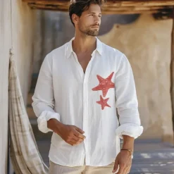 Men's Shirt Cotton Linen Shirt Starfish Outdoor Vacation White Sky Blue Long Sleeve Rolled collar Summer Spring Clothing Apparel Buttons