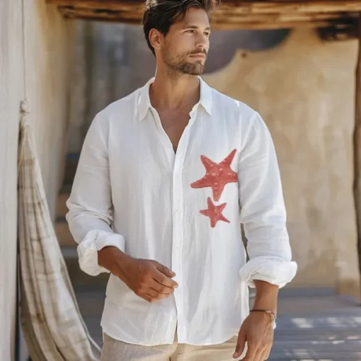 Men's Shirt Cotton Linen Shirt Starfish Outdoor Vacation White Sky Blue Long Sleeve Rolled collar Summer Spring Clothing Apparel Buttons