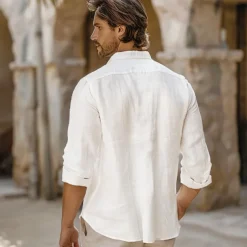 Men's Shirt Cotton Linen Shirt Starfish Outdoor Vacation White Sky Blue Long Sleeve Rolled collar Summer Spring Clothing Apparel Buttons