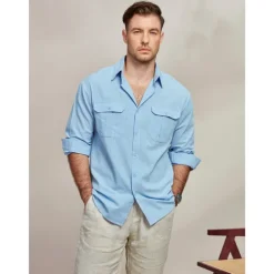 Men's Shirt Cotton Linen Shirt Summer Shirt Beach Wear Casual Shirt Button Up Shirt Plain Casual Daily Blue Long Sleeve Lapel Spring & Summer Clothing Apparel Pocket