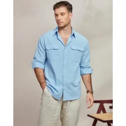 Men's Shirt Cotton Linen Shirt Summer Shirt Beach Wear Casual Shirt Button Up Shirt Plain Casual Daily Blue Long Sleeve Lapel Spring & Summer Clothing Apparel Pocket