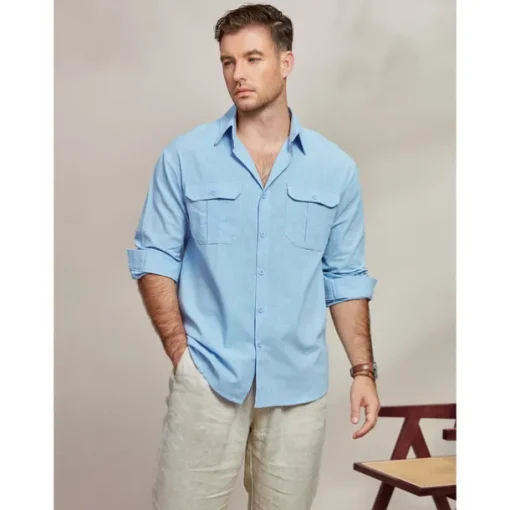 Men's Shirt Cotton Linen Shirt Summer Shirt Beach Wear Casual Shirt Button Up Shirt Plain Casual Daily Blue Long Sleeve Lapel Spring & Summer Clothing Apparel Pocket