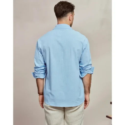 Men's Shirt Cotton Linen Shirt Summer Shirt Beach Wear Casual Shirt Button Up Shirt Plain Casual Daily Blue Long Sleeve Lapel Spring & Summer Clothing Apparel Pocket