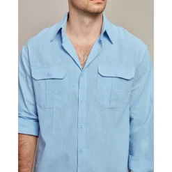 Men's Shirt Cotton Linen Shirt Summer Shirt Beach Wear Casual Shirt Button Up Shirt Plain Casual Daily Blue Long Sleeve Lapel Spring & Summer Clothing Apparel Pocket