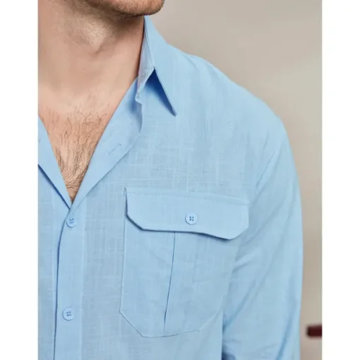 Men's Shirt Cotton Linen Shirt Summer Shirt Beach Wear Casual Shirt Button Up Shirt Plain Casual Daily Blue Long Sleeve Lapel Spring & Summer Clothing Apparel Pocket