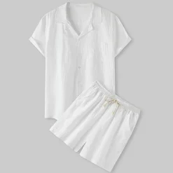 Men's Shirt Cotton Linen Shirt 2 Piece Shirt Set Summer Set Plain Hawaiian Holiday Black White Yellow Green Short Sleeve Lapel Spring & Summer Clothing Apparel Pocket