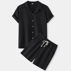 Men's Shirt Cotton Linen Shirt 2 Piece Shirt Set Summer Set Plain Hawaiian Holiday Black White Yellow Green Short Sleeve Lapel Spring & Summer Clothing Apparel Pocket