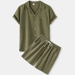 Men's Shirt Cotton Linen Shirt 2 Piece Shirt Set Summer Set Plain Hawaiian Holiday Black White Yellow Green Short Sleeve Lapel Spring & Summer Clothing Apparel Pocket