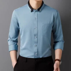 Men's Shirt Dress Shirt Button Up Shirt Solid Color Wedding Party Black White Pink Wine Long Sleeve Lapel Spring Fall Clothing Apparel Pocket