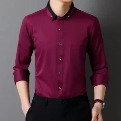 Men's Shirt Dress Shirt Button Up Shirt Solid Color Wedding Party Black White Pink Wine Long Sleeve Lapel Spring Fall Clothing Apparel Pocket