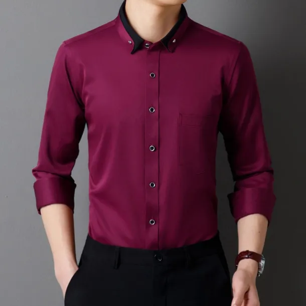 Men's Shirt Dress Shirt Button Up Shirt Solid Color Wedding Party Black White Pink Wine Long Sleeve Lapel Spring Fall Clothing Apparel Pocket