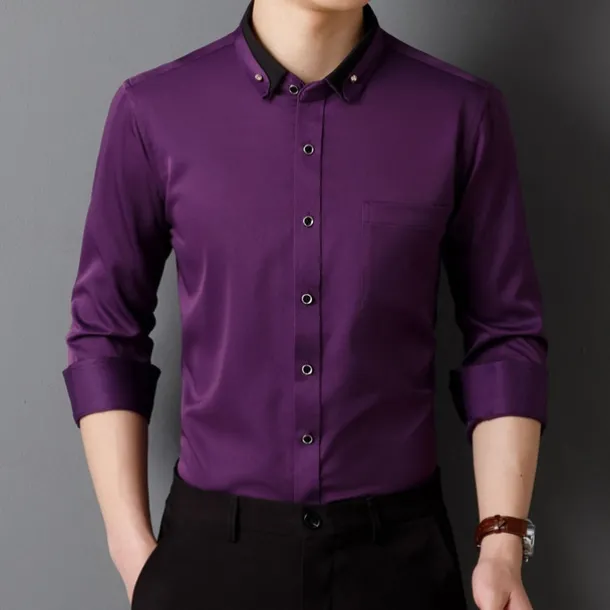 Men's Shirt Dress Shirt Button Up Shirt Solid Color Wedding Party Black White Pink Wine Long Sleeve Lapel Spring Fall Clothing Apparel Pocket