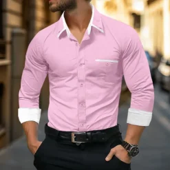 Men's Shirt Dress Shirt Button Down Shirt Wrinkle Resistant Plain Wedding Work Light Blue White Pink Navy Blue Long Sleeve Collar All Seasons Clothing Apparel