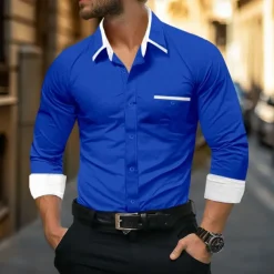 Men's Shirt Dress Shirt Button Down Shirt Wrinkle Resistant Plain Wedding Work Light Blue White Pink Navy Blue Long Sleeve Collar All Seasons Clothing Apparel