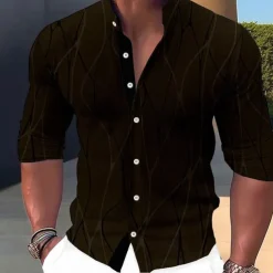 Men's Shirt Dress Shirt Geometric Pattern Outdoor Casual Black White Dark Green Brown Long Sleeve Stand Collar Summer Spring Clothing Apparel Print