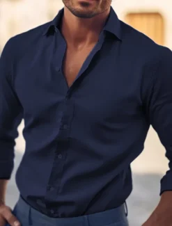 Men's Shirt Dress Shirt Plain Office & Career Wedding Party Light Blue Black White Navy Blue Long Sleeve Lapel Summer Clothing Apparel