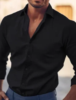 Men's Shirt Dress Shirt Plain Office & Career Wedding Party Light Blue Black White Navy Blue Long Sleeve Lapel Summer Clothing Apparel