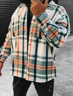 Men's Shirt Flannel Shirt Shirt Jacket Overshirt Plaid / Check Outdoor Street Beige Long Sleeve Collar Fall Winter Clothing Apparel Print