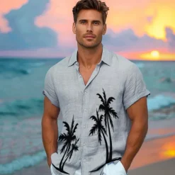 Men's Shirt Graphic Hawaiian Fashion Casual Linen Shirt Button Up Shirt Short Sleeve Daily Hawaiian Vacation Spring & Fall Lapel Print Blue Green Gray 55%Flax 45%cotton