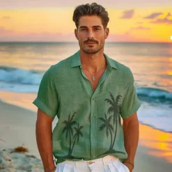 Men's Shirt Graphic Hawaiian Fashion Casual Linen Shirt Button Up Shirt Short Sleeve Daily Hawaiian Vacation Spring & Fall Lapel Print Blue Green Gray 55%Flax 45%cotton