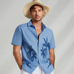 Men's Shirt Graphic Hawaiian Fashion Casual Linen Shirt Button Up Shirt Short Sleeve Daily Hawaiian Vacation Spring & Fall Lapel Print Blue Green Gray 55%Flax 45%cotton
