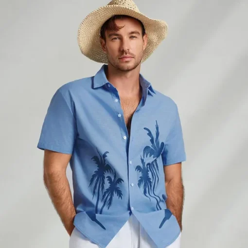 Men's Shirt Graphic Hawaiian Fashion Casual Linen Shirt Button Up Shirt Short Sleeve Daily Hawaiian Vacation Spring & Fall Lapel Print Blue Green Gray 55%Flax 45%cotton