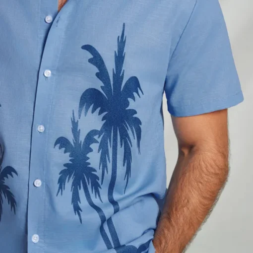 Men's Shirt Graphic Hawaiian Fashion Casual Linen Shirt Button Up Shirt Short Sleeve Daily Hawaiian Vacation Spring & Fall Lapel Print Blue Green Gray 55%Flax 45%cotton