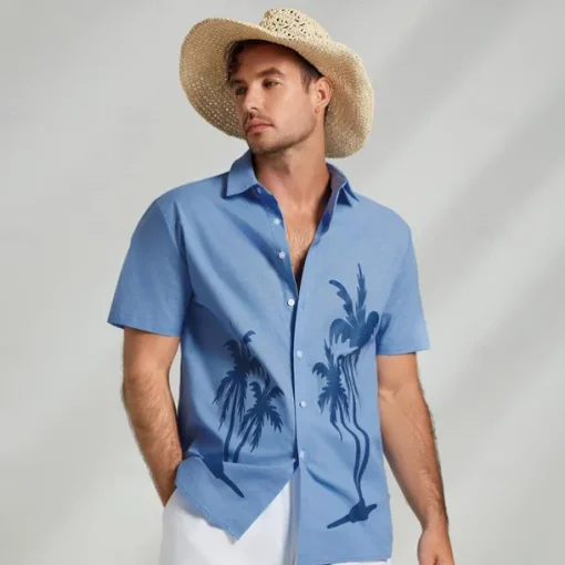Men's Shirt Graphic Hawaiian Fashion Casual Linen Shirt Button Up Shirt Short Sleeve Daily Hawaiian Vacation Spring & Fall Lapel Print Blue Green Gray 55%Flax 45%cotton
