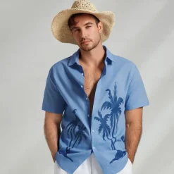 Men's Shirt Graphic Hawaiian Fashion Casual Linen Shirt Button Up Shirt Short Sleeve Daily Hawaiian Vacation Spring & Fall Lapel Print Blue Green Gray 55%Flax 45%cotton