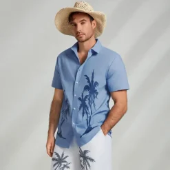 Men's Shirt Graphic Hawaiian Fashion Casual Linen Shirt Button Up Shirt Short Sleeve Daily Hawaiian Vacation Spring & Fall Lapel Print Blue Green Gray 55%Flax 45%cotton