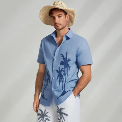 Men's Shirt Graphic Hawaiian Fashion Casual Linen Shirt Button Up Shirt Short Sleeve Daily Hawaiian Vacation Spring & Fall Lapel Print Blue Green Gray 55%Flax 45%cotton