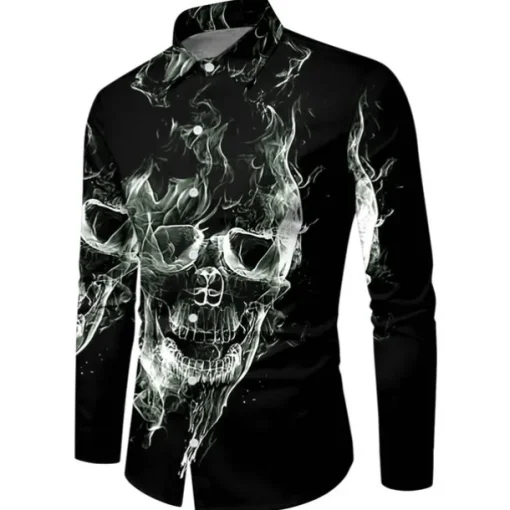Men's Shirt Graphic Shirt Skull Turndown Black 3D Print Outdoor Halloween Long Sleeve Print Button-Down Clothing Apparel Vintage Cool Designer Casual