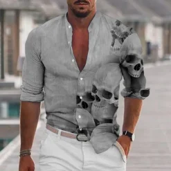 Men's Shirt Graphic Shirt Skull Stand Collar Black White+Black White Light Grey Gray 3D Print Outdoor Halloween Long Sleeve Print Button-Down Clothing Apparel Fashion Designer Casual Comfortable