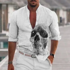 Men's Shirt Graphic Shirt Skull Stand Collar Black White+Black White Light Grey Gray 3D Print Outdoor Halloween Long Sleeve Print Button-Down Clothing Apparel Fashion Designer Casual Comfortable