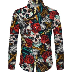 Men's Shirt Graphic Shirt Rose Skull Turndown Red 3D Print Outdoor Halloween Long Sleeve Print Button-Down Clothing Apparel Fashion Designer Casual Breathable
