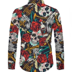 Men's Shirt Graphic Shirt Rose Skull Turndown Red 3D Print Outdoor Halloween Long Sleeve Print Button-Down Clothing Apparel Fashion Designer Casual Breathable
