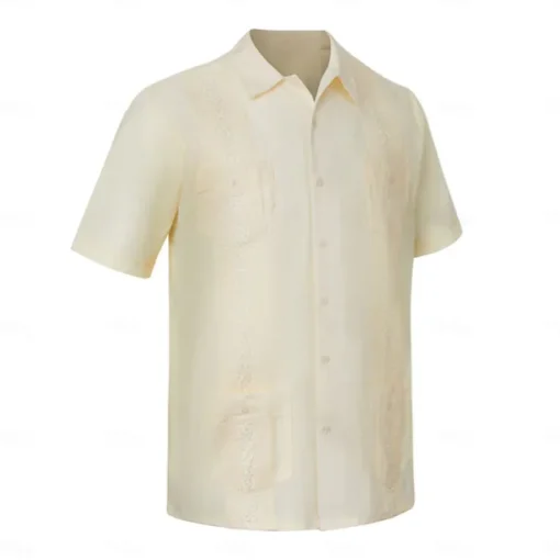 Men's Shirt Guayabera Shirt Light Yellow Black White Light Green Pink Short Sleeve Turndown School Performance Embroidered Clothing Apparel Elegant Vacation Vintage Neutral