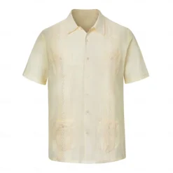 Men's Shirt Guayabera Shirt Light Yellow Black White Light Green Pink Short Sleeve Turndown School Performance Embroidered Clothing Apparel Elegant Vacation Vintage Neutral