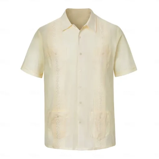 Men's Shirt Guayabera Shirt Light Yellow Black White Light Green Pink Short Sleeve Turndown School Performance Embroidered Clothing Apparel Elegant Vacation Vintage Neutral