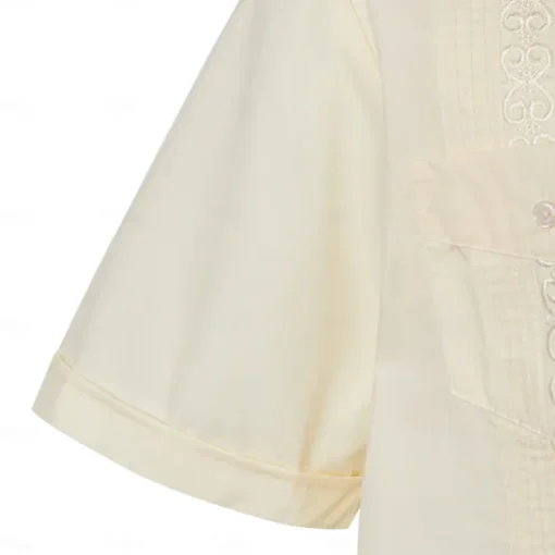 Men's Shirt Guayabera Shirt Light Yellow Black White Light Green Pink Short Sleeve Turndown School Performance Embroidered Clothing Apparel Elegant Vacation Vintage Neutral