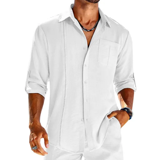 Men's Shirt Guayabera Shirt Linen Shirt Button Up Shirt Summer Shirt Beach Shirt Black White Navy Blue Long Sleeve Plain Turndown Spring & Summer Casual Daily Clothing Apparel Patchwork